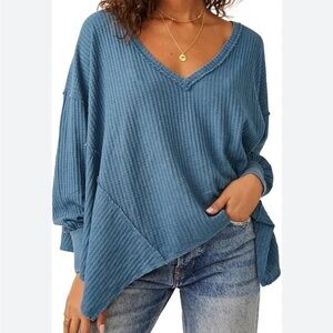 Free People Caroline Thermal Legion Blue V-Neck Sweater